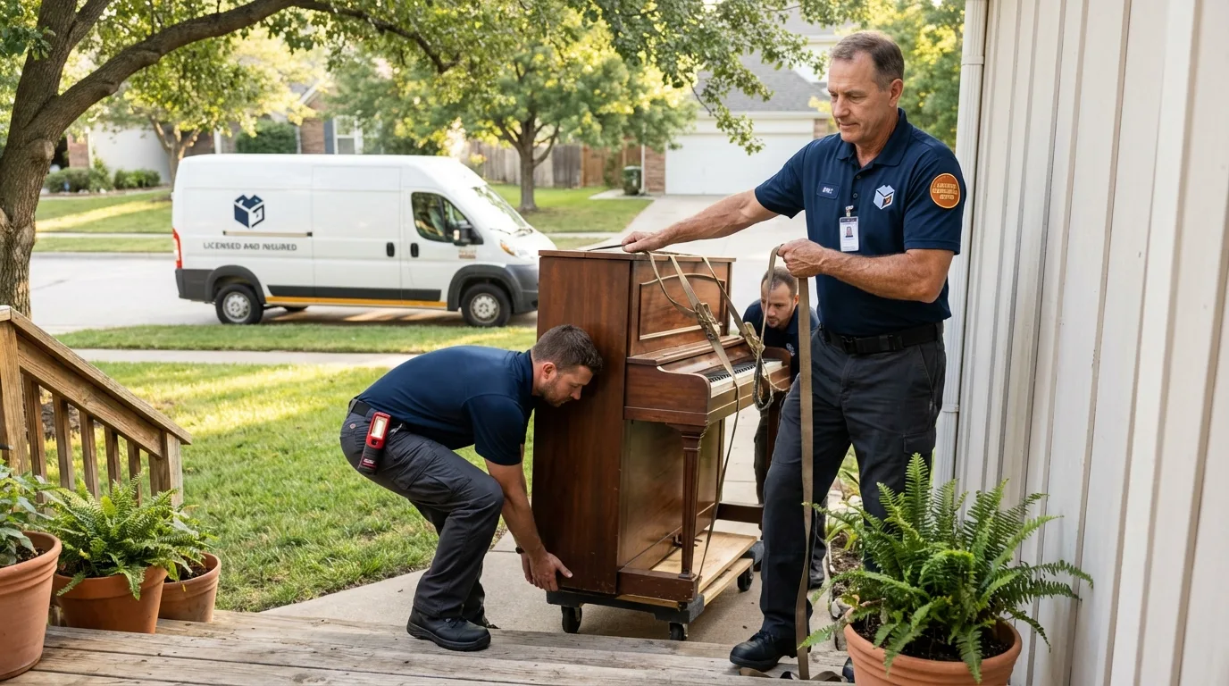 Licensed piano movers securing grand piano in Northfield, NJ