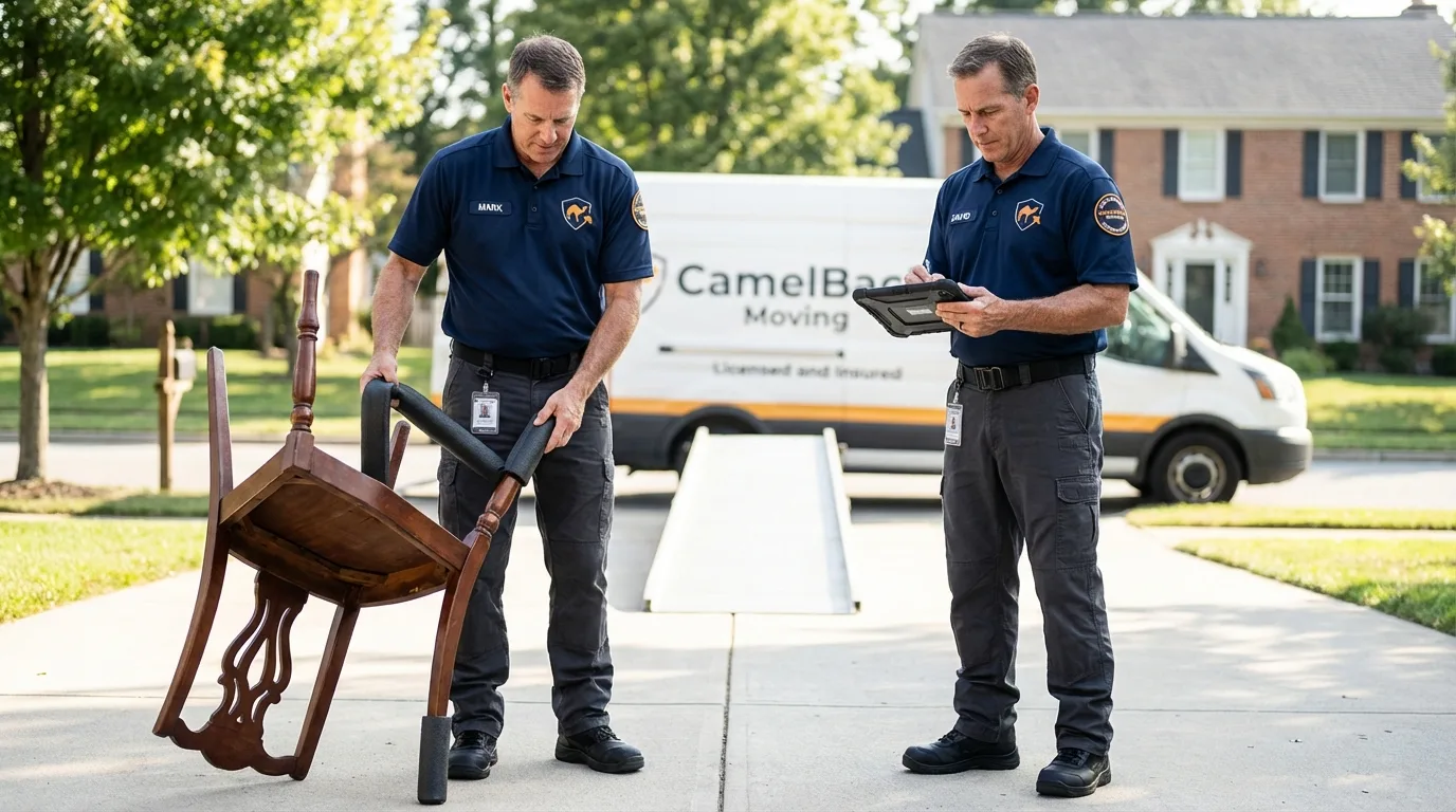 Movers inspecting furniture for damage prevention before loading in Northfield, NJ