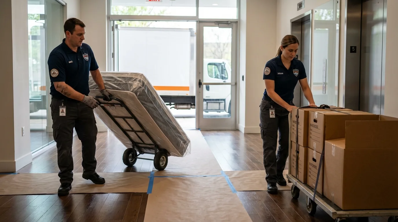 Professional apartment movers loading elevator in Northfield, NJ