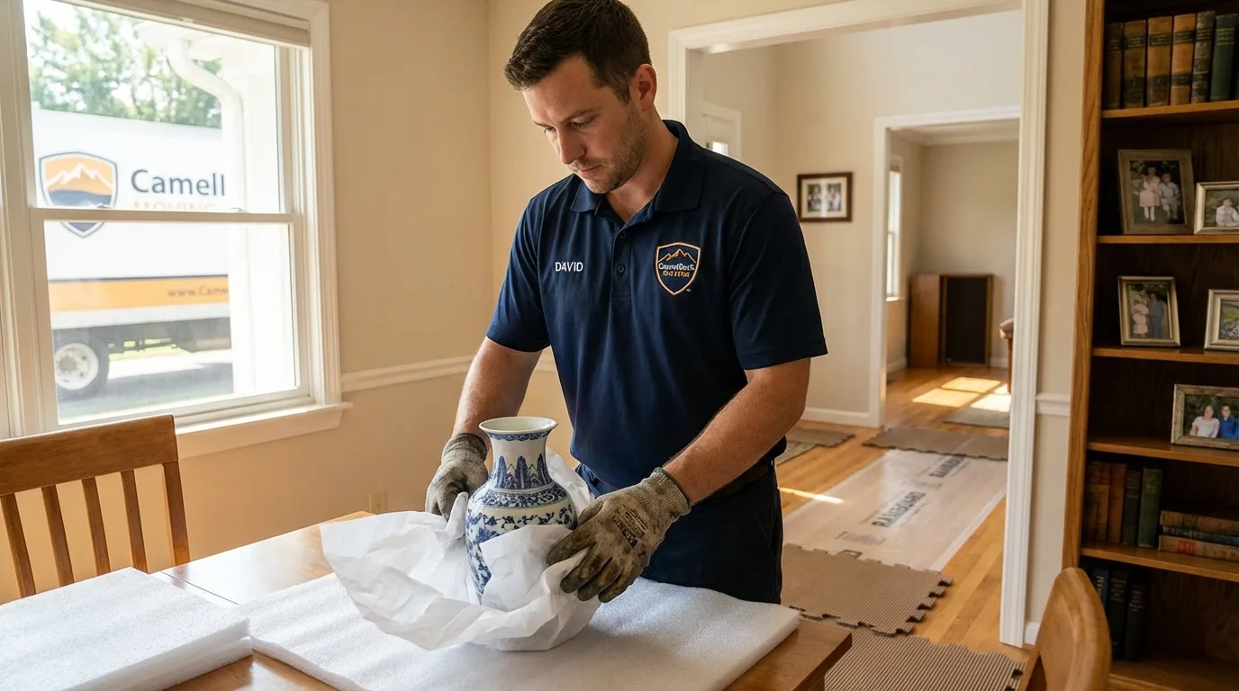 Professional crew carefully wrapping antique vase for senior downsizing move in Northfield, NJ
